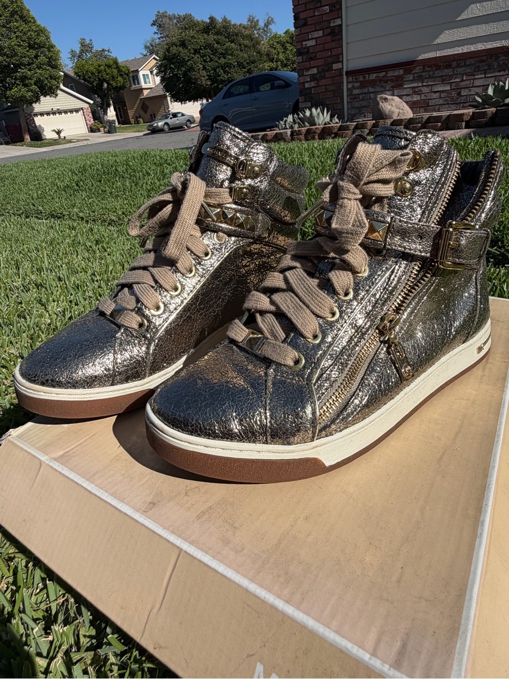 Michael Kors Champagne Distressed Metallic High-Top Sneakers